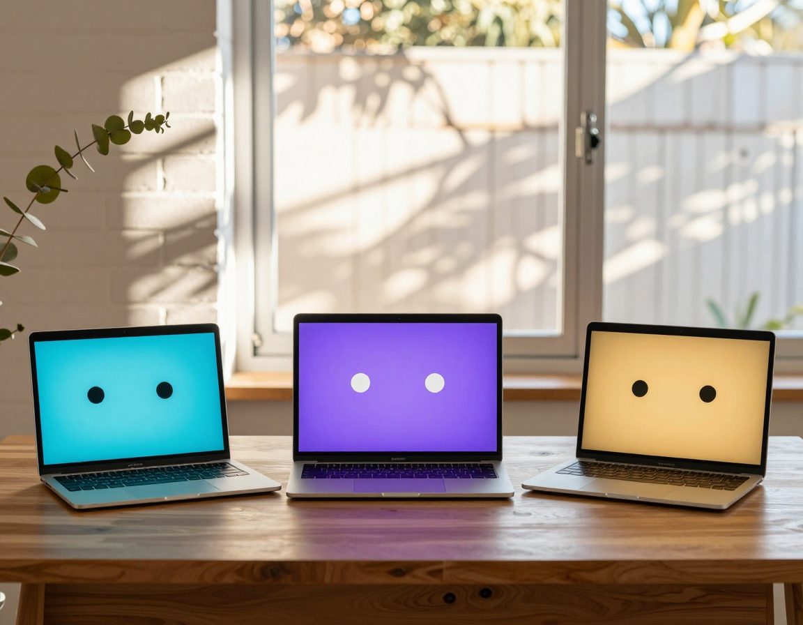 A professional photograph of three identical slim laptops arranged in a shallow arc on a warm spotted-gum desk, each screen
