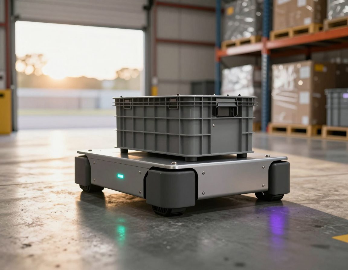 A professional photograph of a single squat automated warehouse robot resting on a polished concrete floor of an Australian