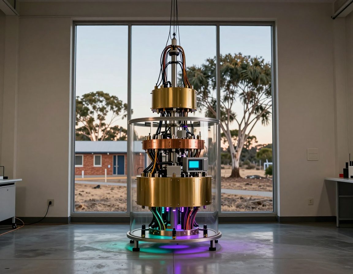 A real quantum computer's dilution refrigerator hangs whole at the centre of the frame, its tiered gold and copper plates